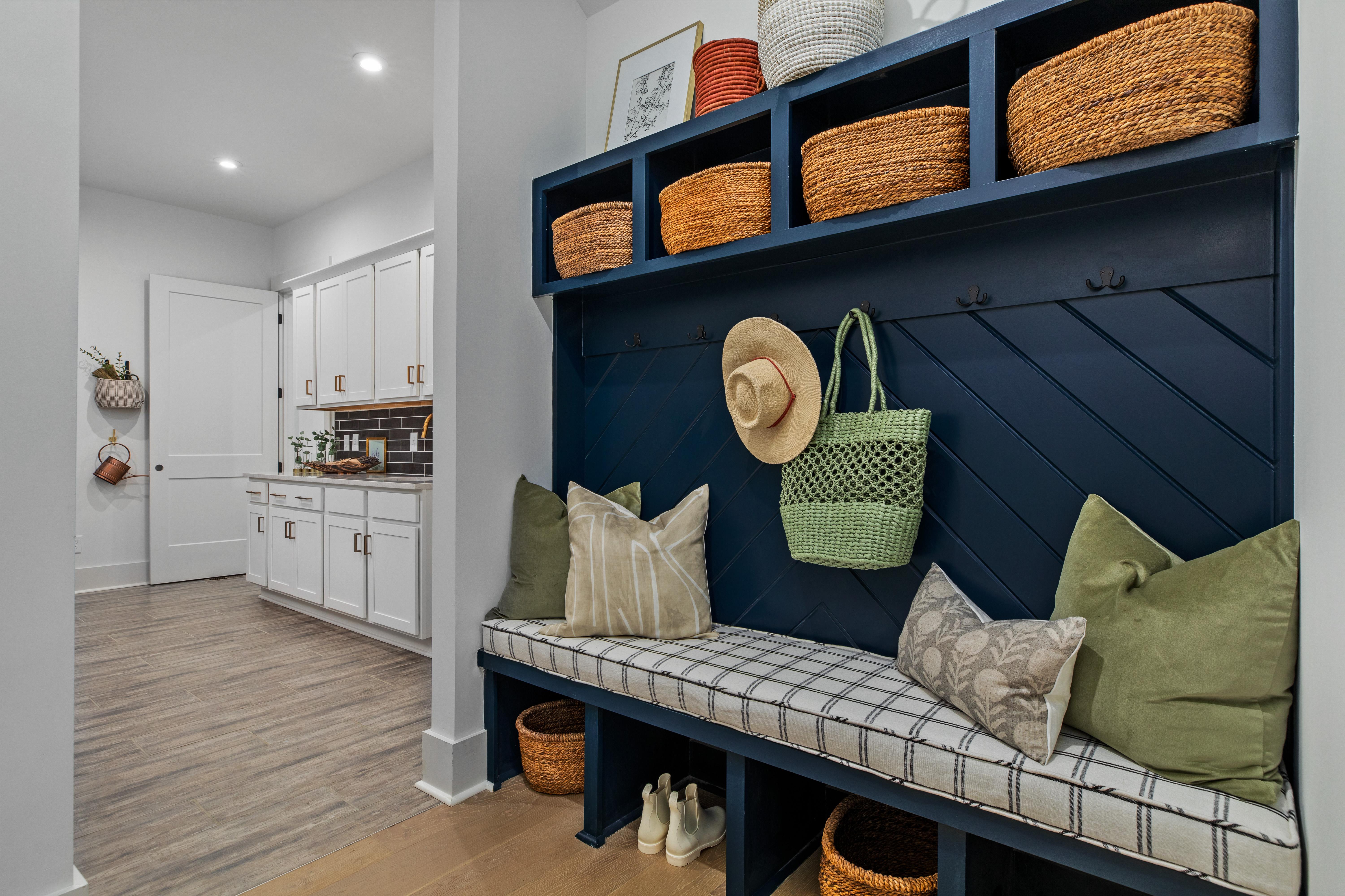 foyer with bench, coat hooks and cubbies