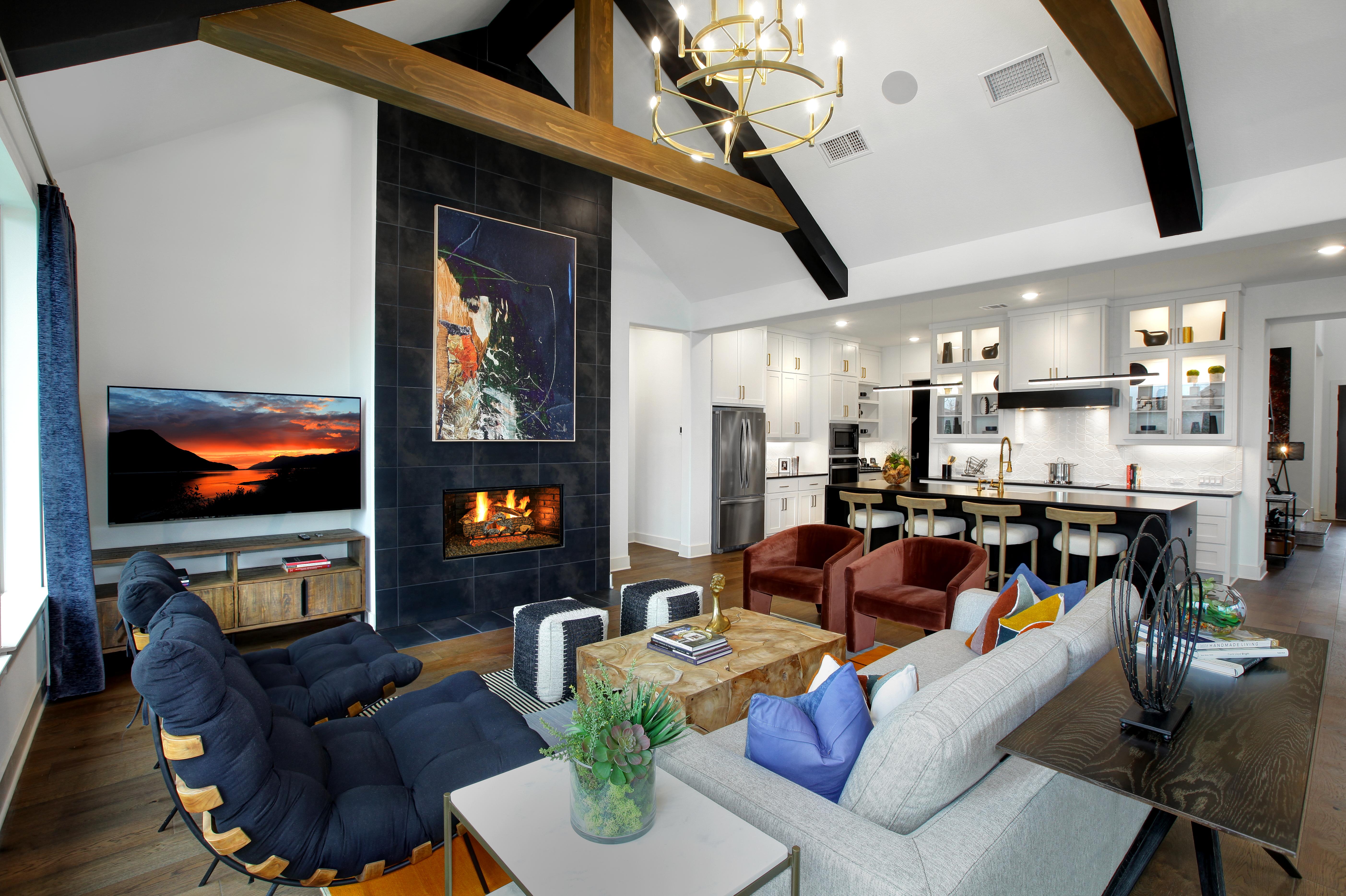contemporary family room with fireplace
