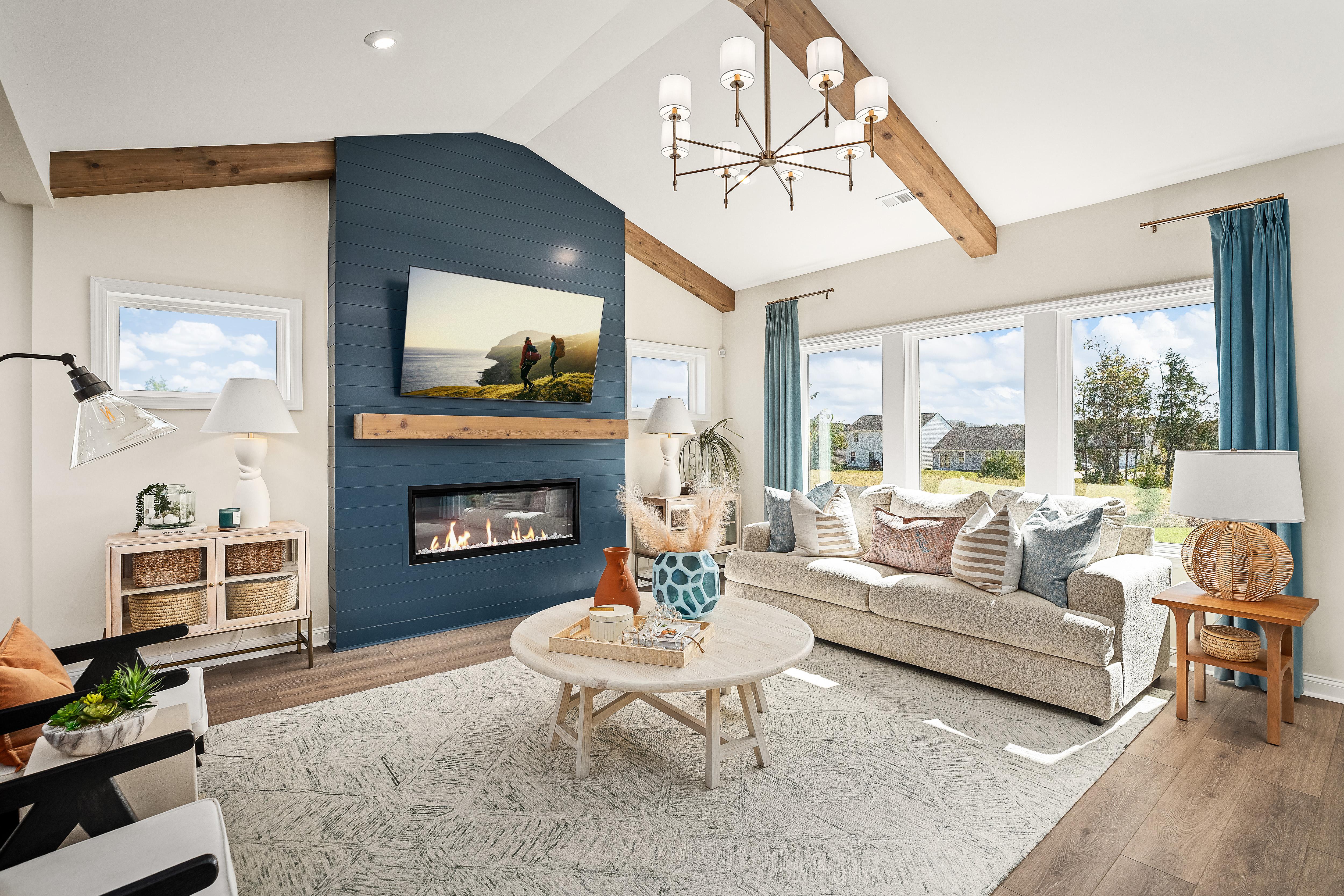 family room with fireplace and vaulted ceiling