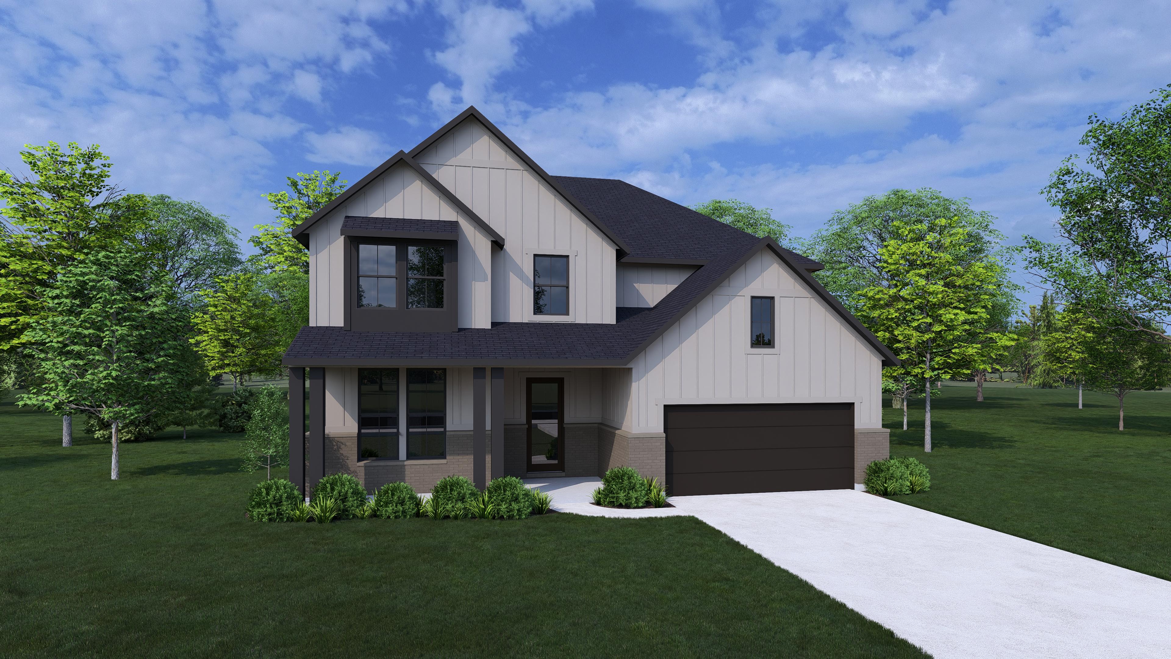 brick and board and batten house with front porch