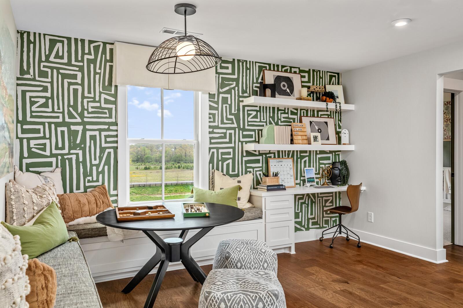 custom home gameroom with window seat